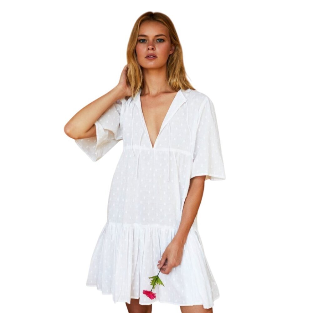 Emerson Fry Isla Mini Dress Womens XS Small White Short Sleeve Cotton Swiss Dots - Picture 2 of 12